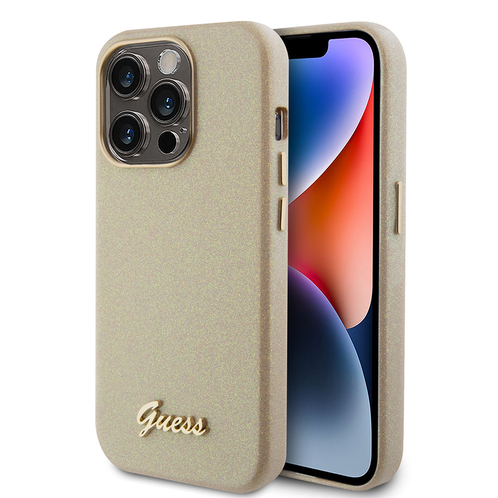 Case for Apple iPhone 15 Pro, Guess, Glitter Glossy Script, Beige