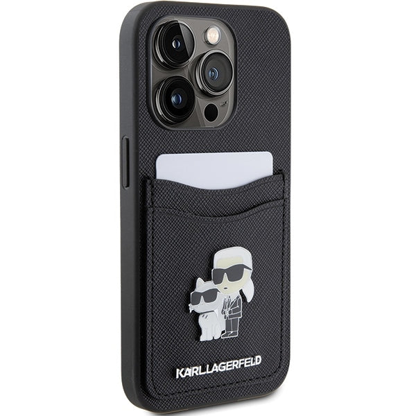 Θήκη για Apple iPhone 15 Pro, Karl Lagerfeld, Saffiano Card Slot Metal Karl & Choupette, Μαύρη