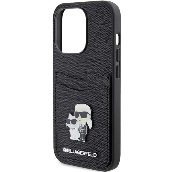 Θήκη για Apple iPhone 15 Pro, Karl Lagerfeld, Saffiano Card Slot Metal Karl & Choupette, Μαύρη