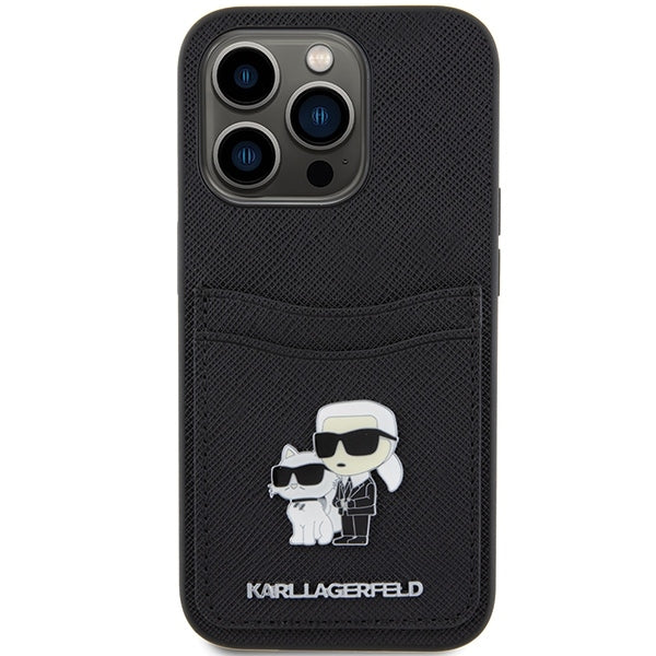 Θήκη για Apple iPhone 15 Pro, Karl Lagerfeld, Saffiano Card Slot Metal Karl & Choupette, Μαύρη