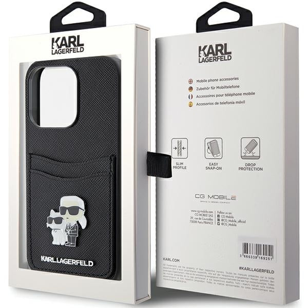 Θήκη για Apple iPhone 15 Pro, Karl Lagerfeld, Saffiano Card Slot Metal Karl & Choupette, Μαύρη