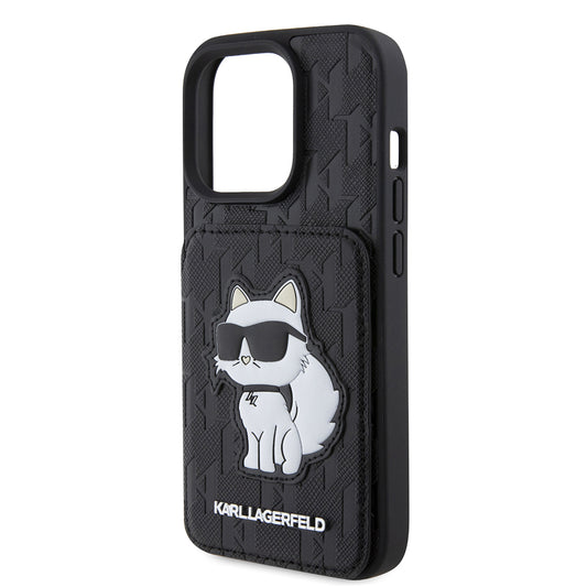 Θήκη για Apple iPhone 15 Pro, Karl Lagerfeld, Saffiano Cardslots and Stand Monogram Choupette, Μαύρη