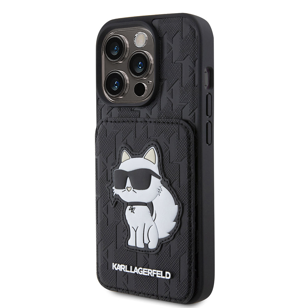 Case for Apple iPhone 15 Pro, Karl Lagerfeld, Saffiano Cardslots and Stand Monogram Choupette, Black