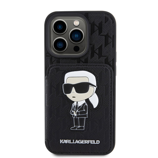 Θήκη για Apple iPhone 15 Pro, Karl Lagerfeld, Saffiano Cardslots and Stand Monogram Ikonik Karl, Μαύρη