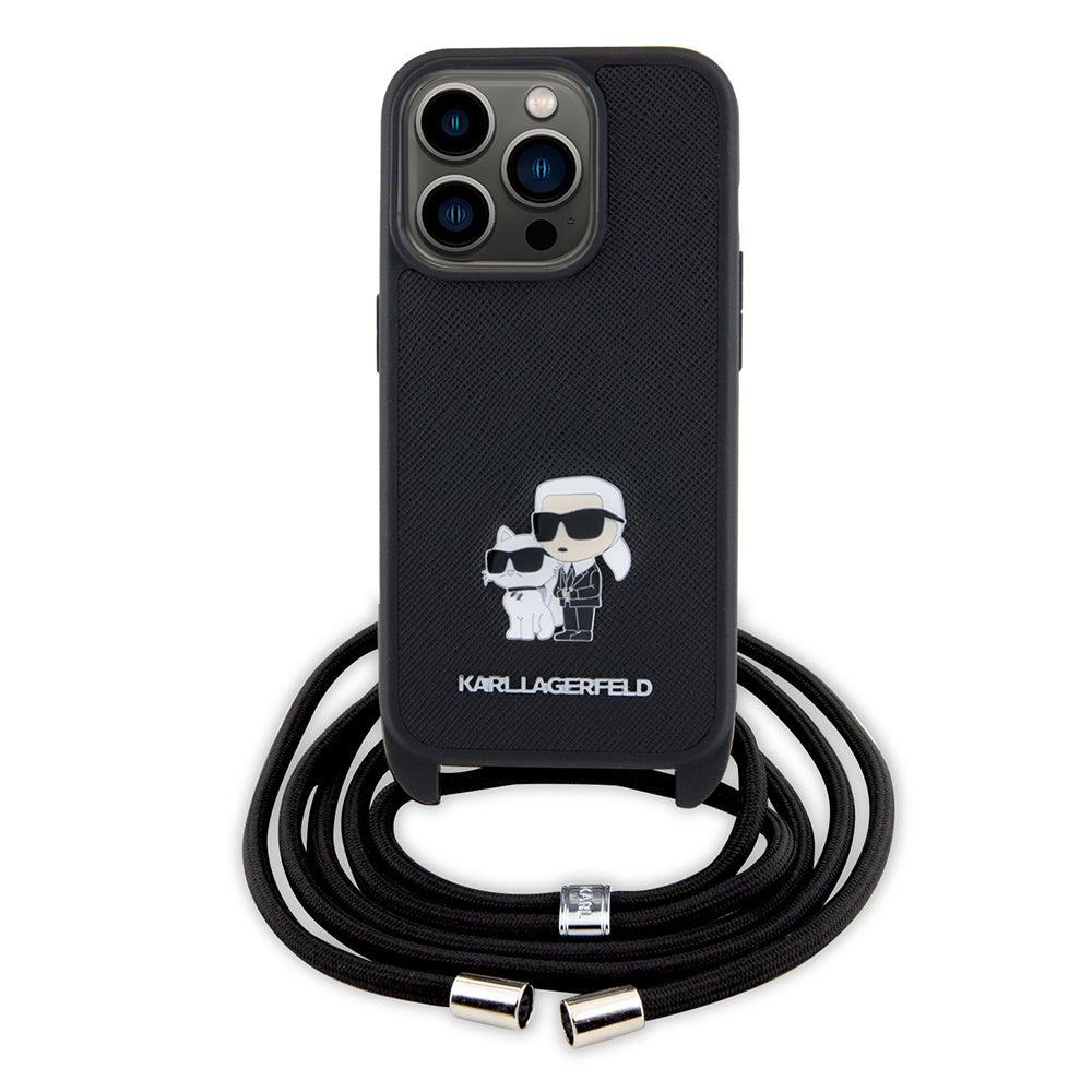 Θήκη για Apple iPhone 15 Pro, Karl Lagerfeld, Saffiano Crossbody Metal Pin Karl & Choupette, Μαύρη