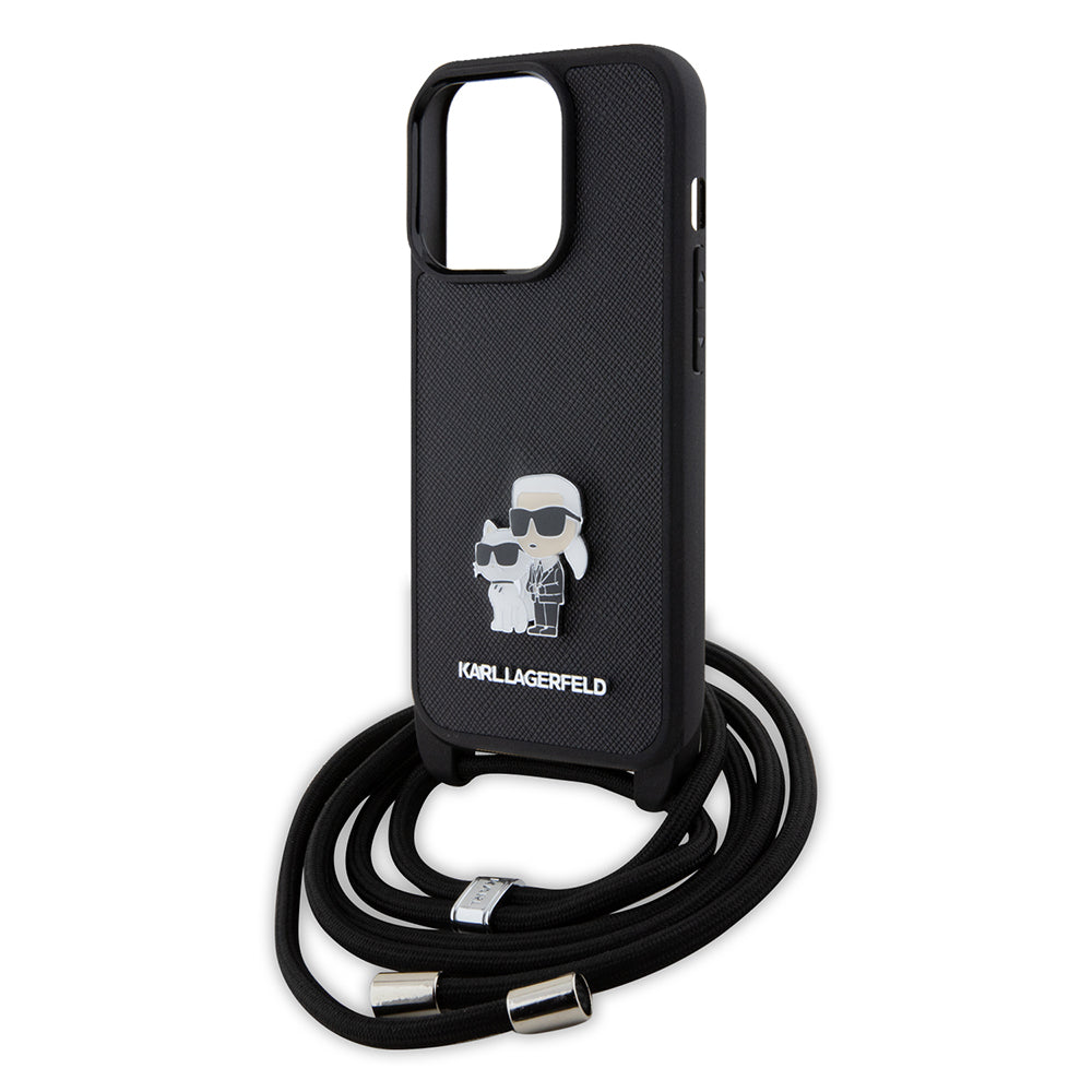 Θήκη για Apple iPhone 15 Pro, Karl Lagerfeld, Saffiano Crossbody Metal Pin Karl & Choupette, Μαύρη