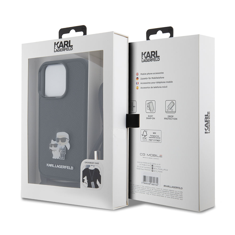 Θήκη για Apple iPhone 15 Pro, Karl Lagerfeld, Saffiano Crossbody Metal Pin Karl & Choupette, Μαύρη