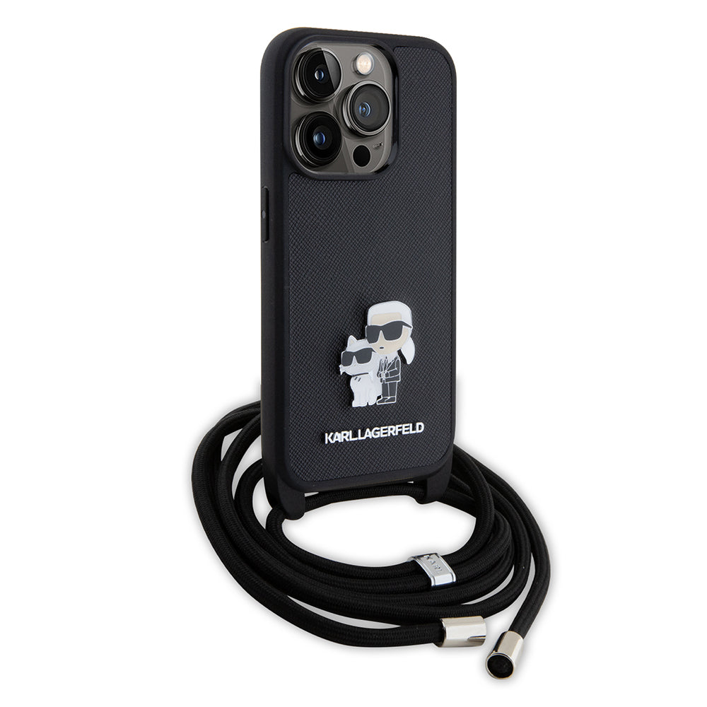 Θήκη για Apple iPhone 15 Pro, Karl Lagerfeld, Saffiano Crossbody Metal Pin Karl & Choupette, Μαύρη