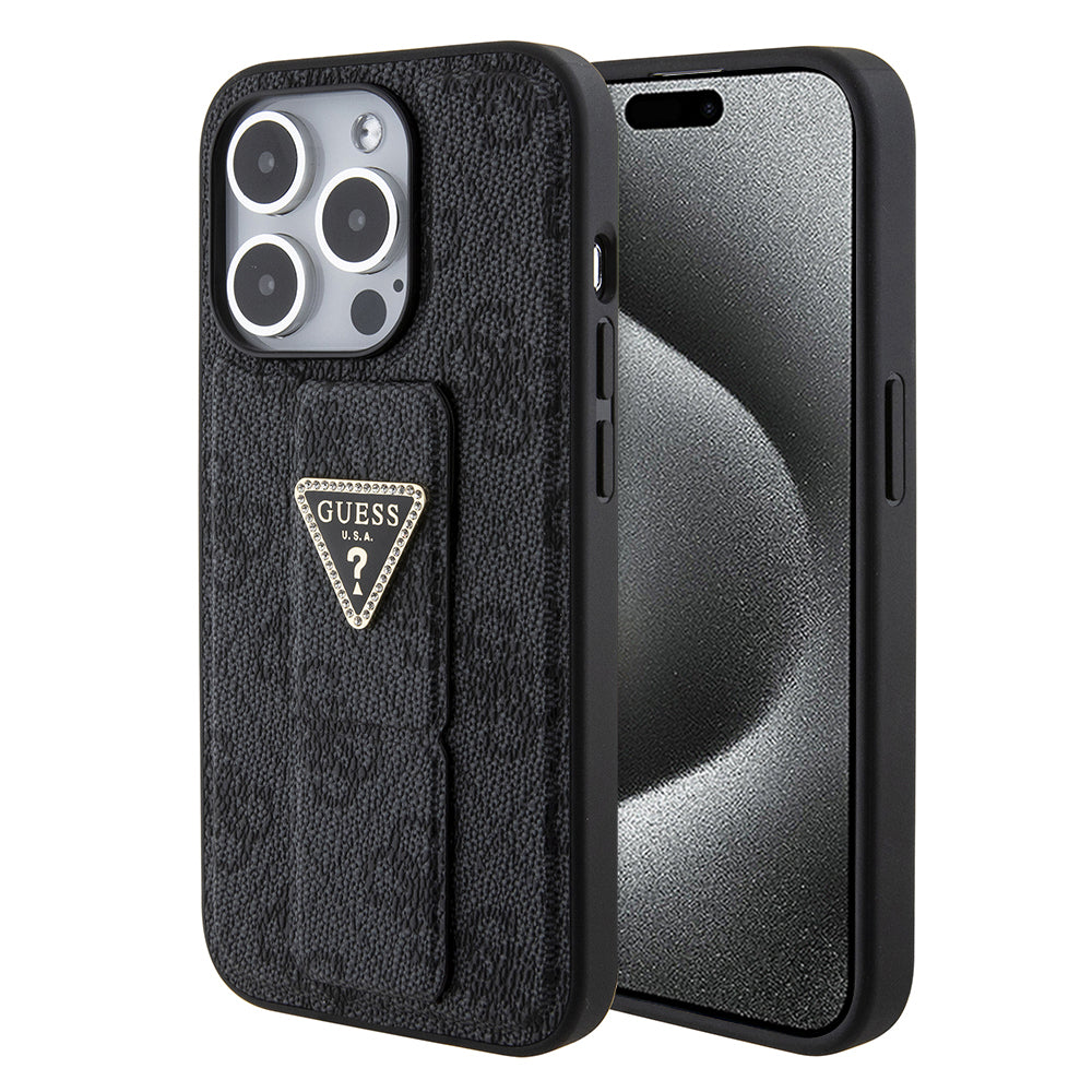 Θήκη για Apple iPhone 15 Pro Max, Guess, Grip Stand 4G Triangle Strass, Μαύρη