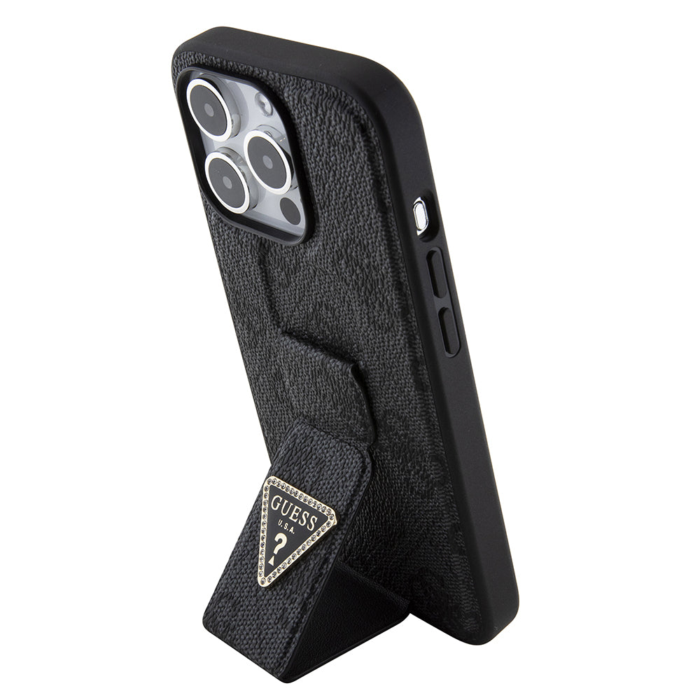 Θήκη για Apple iPhone 15 Pro Max, Guess, Grip Stand 4G Triangle Strass, Μαύρη
