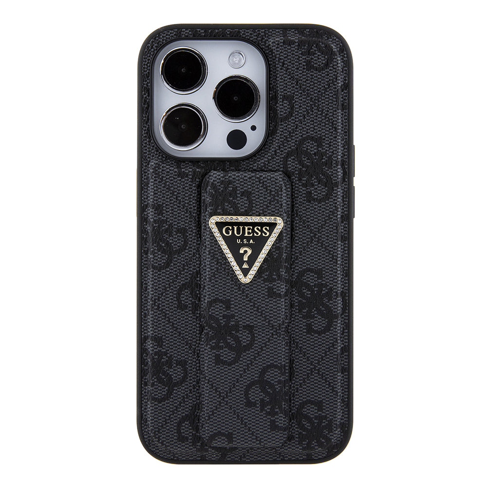 Θήκη για Apple iPhone 15 Pro Max, Guess, Grip Stand 4G Triangle Strass, Μαύρη