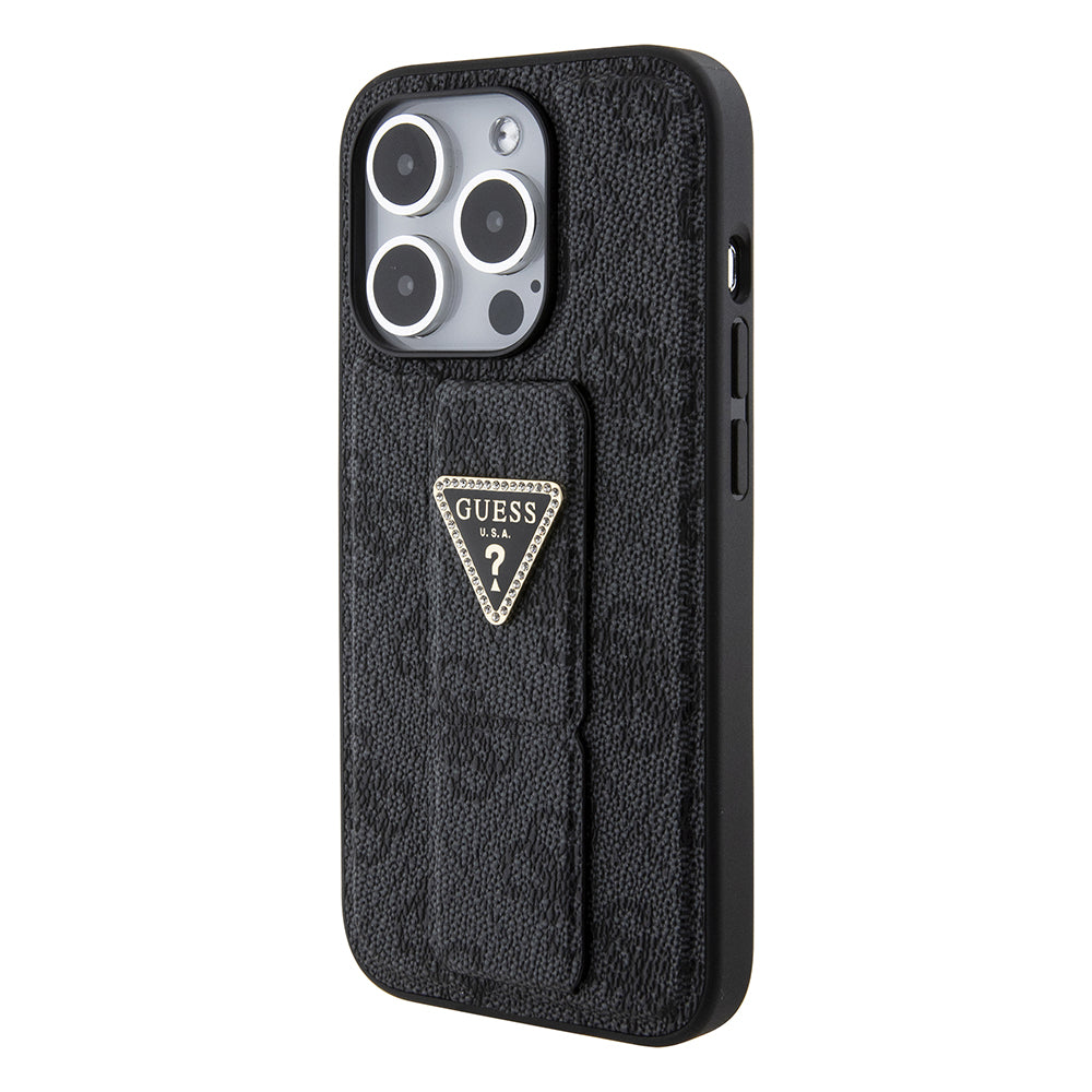 Θήκη για Apple iPhone 15 Pro Max, Guess, Grip Stand 4G Triangle Strass, Μαύρη
