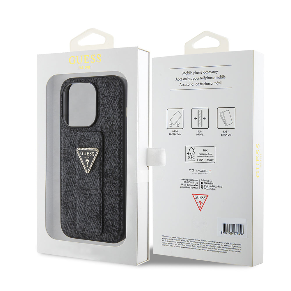 Θήκη για Apple iPhone 15 Pro Max, Guess, Grip Stand 4G Triangle Strass, Μαύρη