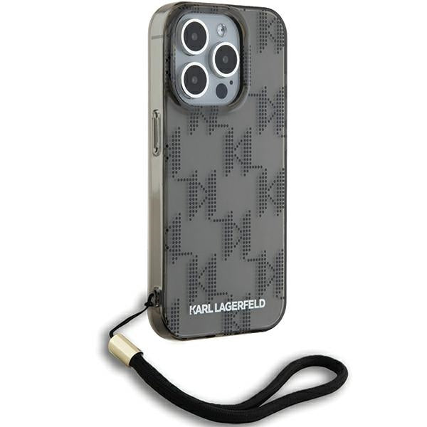 Case for Apple iPhone 15 Pro Max, Karl Lagerfeld, IML Luxury Monogram KL Pattern with Strap, Black