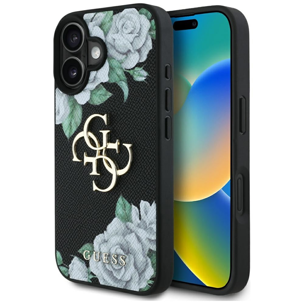 Θήκη για Apple iPhone 16, Guess, 4G Grained Roses Big Logo, Μαύρη