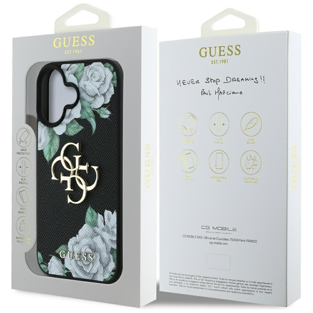 Θήκη για Apple iPhone 16, Guess, 4G Grained Roses Big Logo, Μαύρη