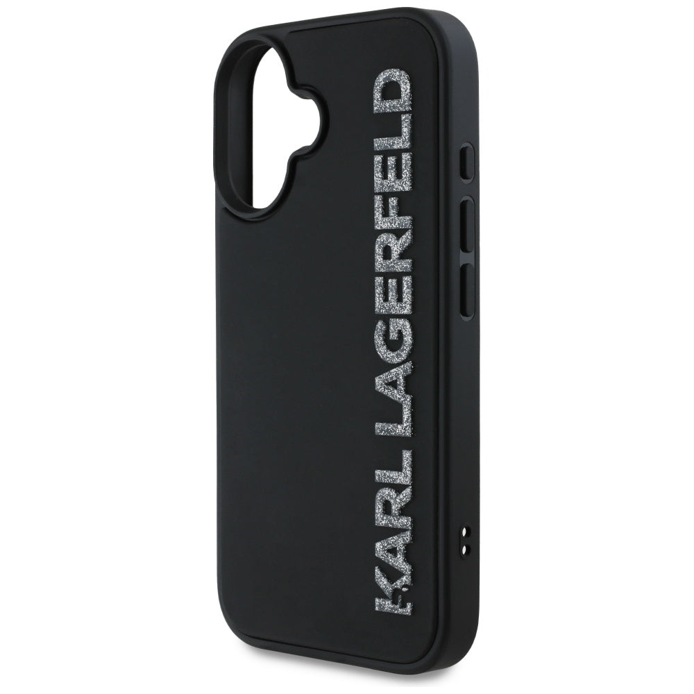 Case for Apple iPhone 16, Karl Lagerfeld, 3D Rubber Elongated Glitter Logo, Black