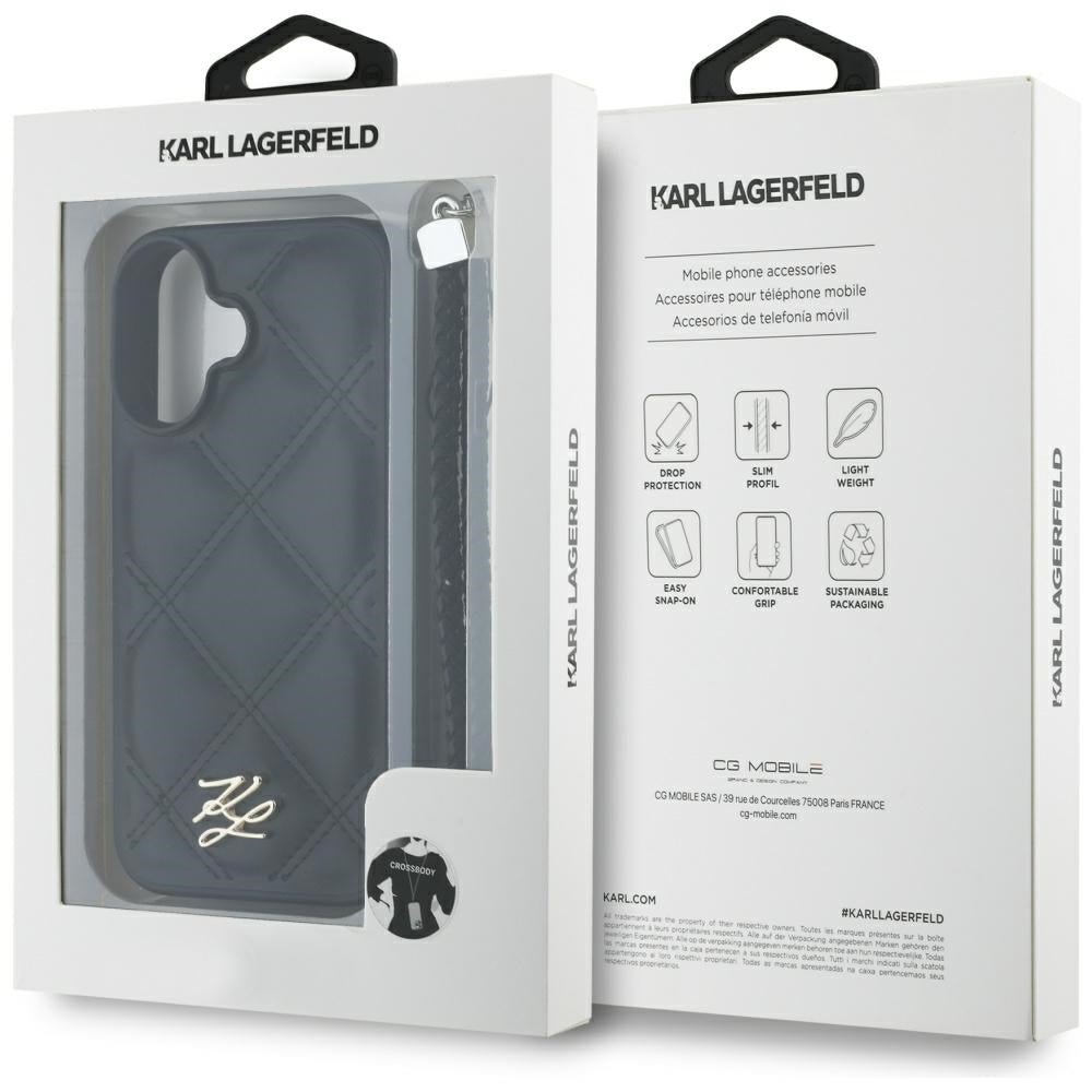 Θήκη για Apple iPhone 16, Karl Lagerfeld, Quilted Initial Logo & Chain Strap, Μαύρη