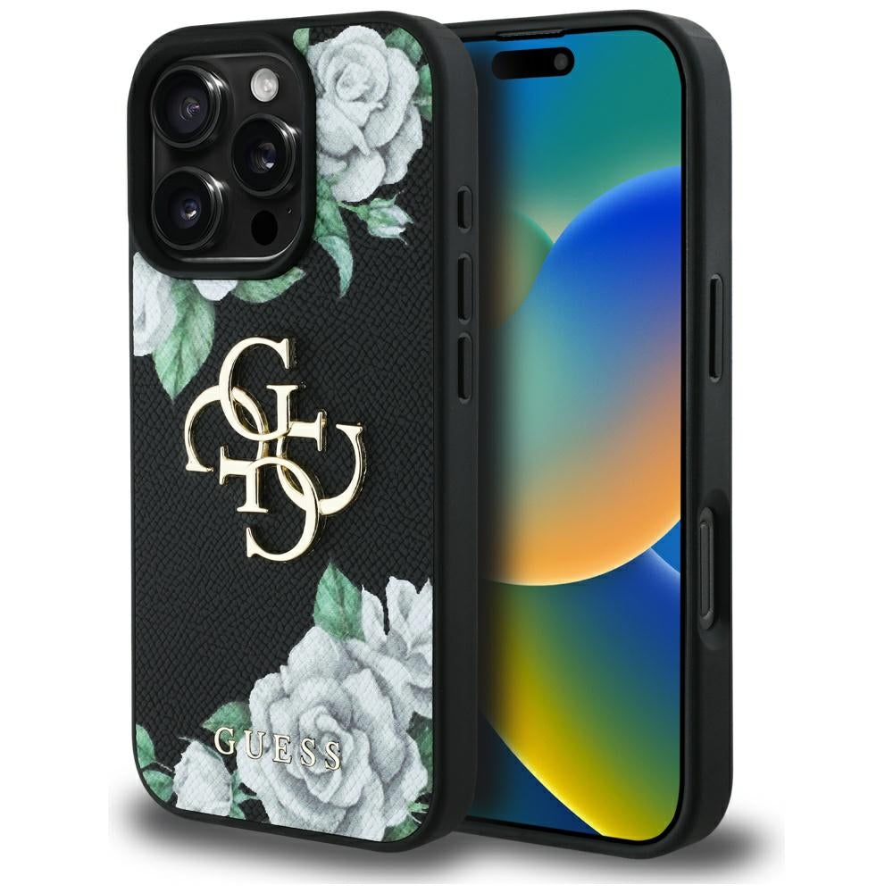 Θήκη για Apple iPhone 16 Pro, Guess, 4G Grained Roses Big Logo, Μαύρη