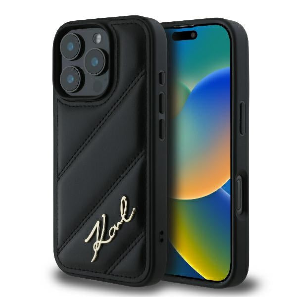 Θήκη για Apple iPhone 16 Pro, Karl Lagerfeld, Diagonal Quilted Script, Μαύρη