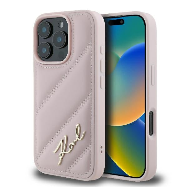Θήκη για Apple iPhone 16 Pro, Karl Lagerfeld, Diagonal Quilted Script, Ροζ
