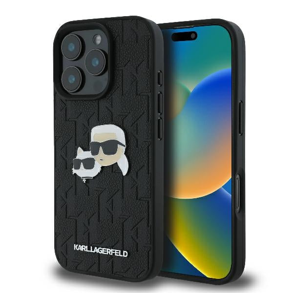 Case for Apple iPhone 16 Pro, Karl Lagerfeld, Monogram Karl & Choupette's Heads, Black
