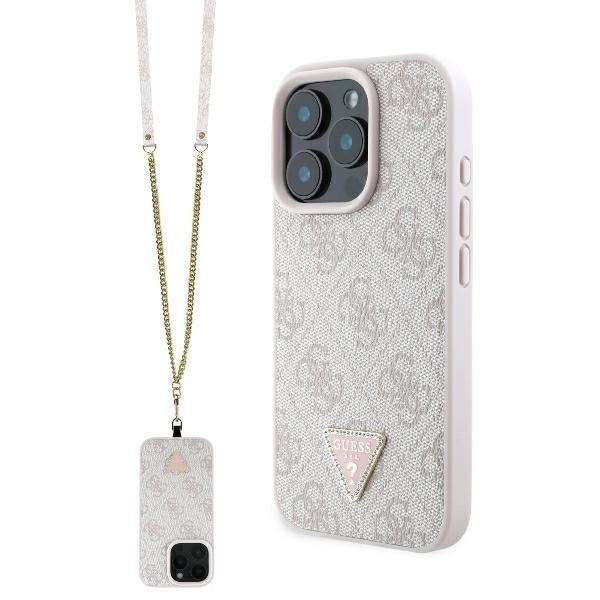 Θήκη για Apple iPhone 16 Pro Max, Guess, Crossbody 4G Triangle Strass, Ροζ