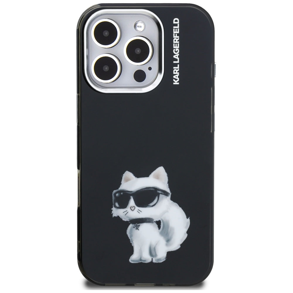 Θήκη για Apple iPhone 16 Pro Max, Karl Lagerfeld, IML Aquarelle Logo Choupette, Μαύρη