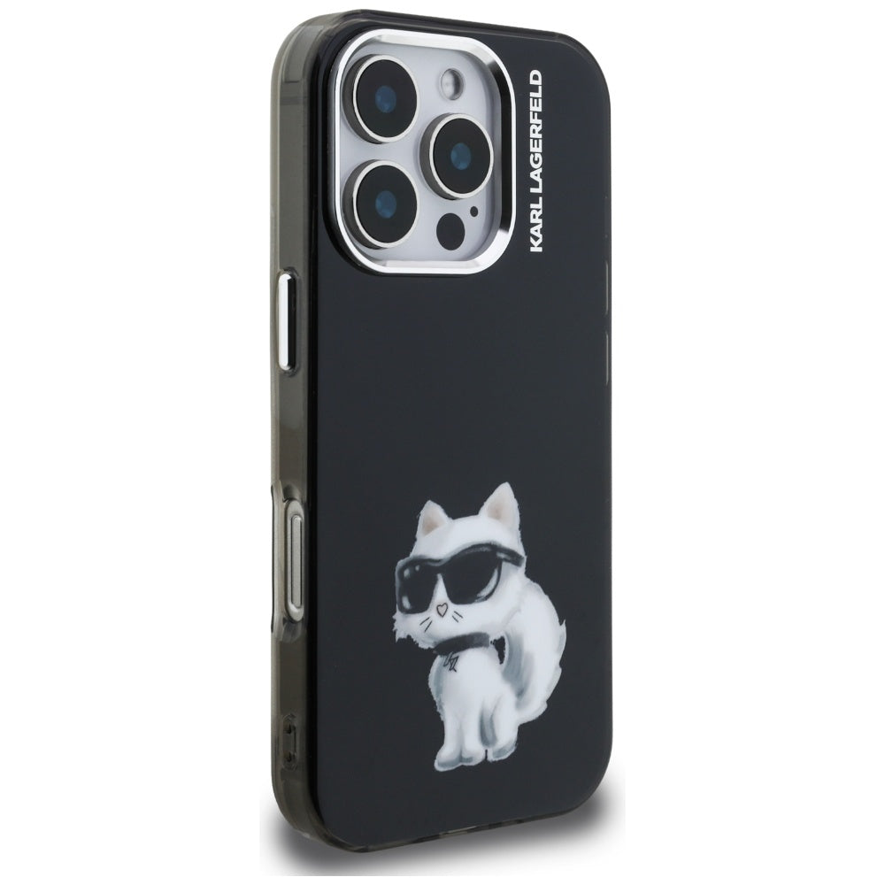 Θήκη για Apple iPhone 16 Pro Max, Karl Lagerfeld, IML Aquarelle Logo Choupette, Μαύρη