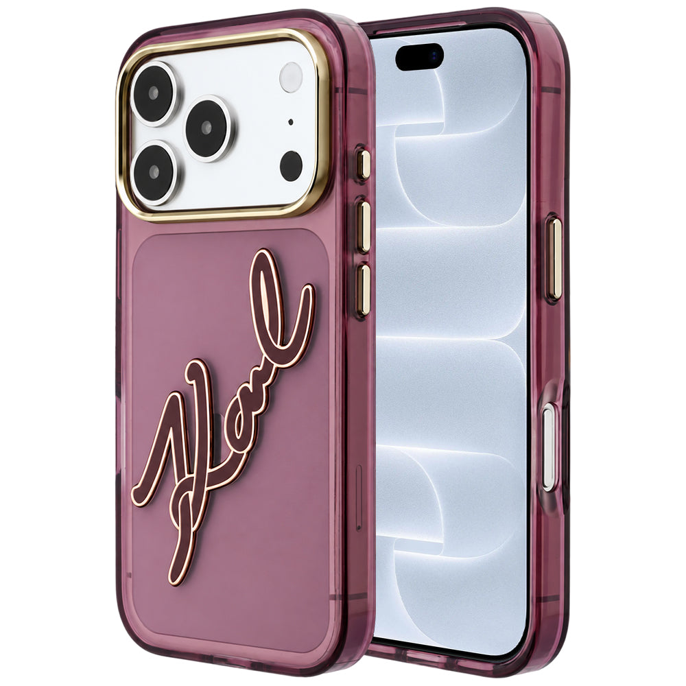 Θήκη για Apple iPhone 18 Pro / 17 Pro, Karl Lagerfeld, IML Big Signature Resin Logo και Μεταλλικό Πλαίσιο, Βυσσινί