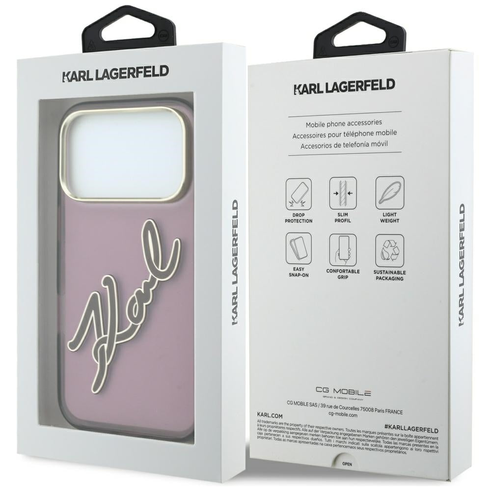 Θήκη για Apple iPhone 18 Pro / 17 Pro, Karl Lagerfeld, IML Big Signature Resin Logo και Μεταλλικό Πλαίσιο, Βυσσινί