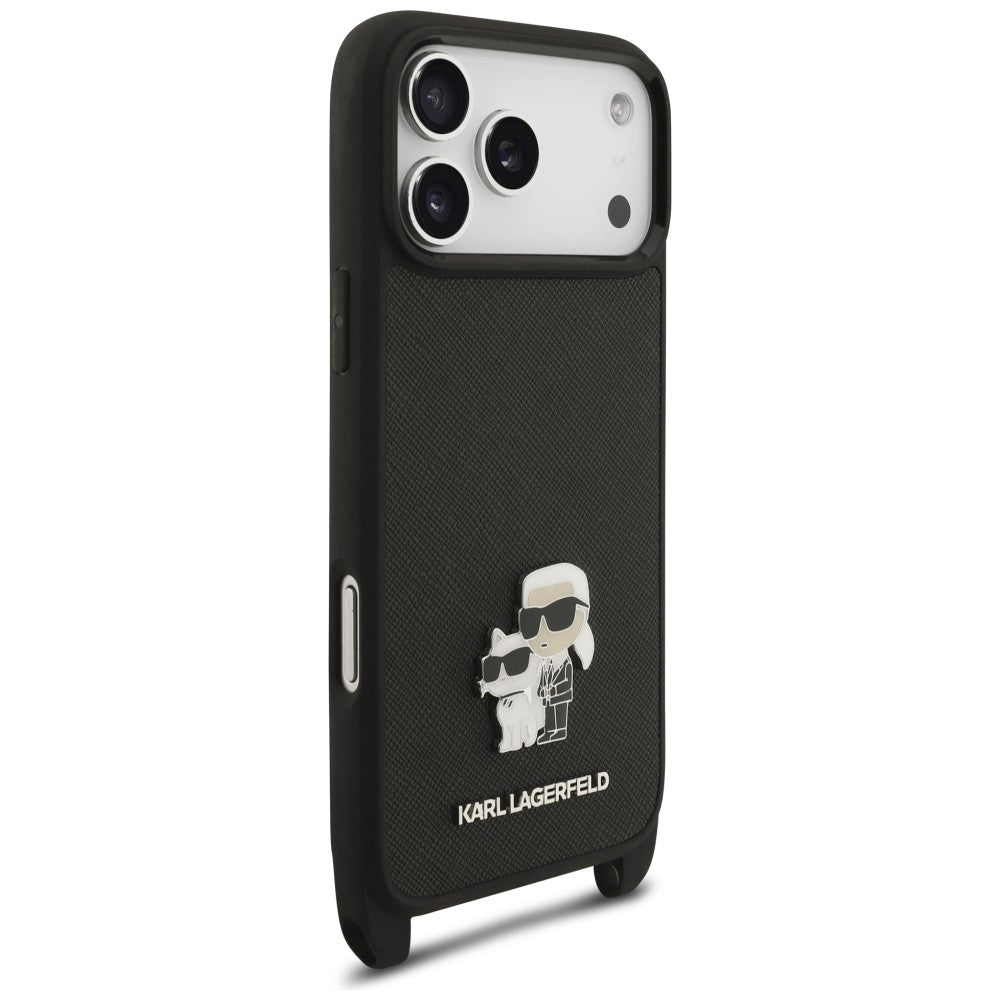 Θήκη για Apple iPhone 18 Pro / 17 Pro, Karl Lagerfeld, Saffiano Crossbody Metal Pin Karl & Choupette, Μαύρη