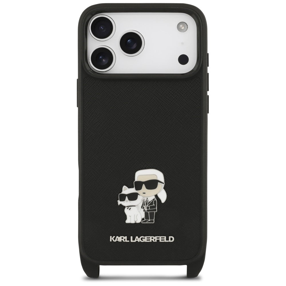 Θήκη για Apple iPhone 18 Pro / 17 Pro, Karl Lagerfeld, Saffiano Crossbody Metal Pin Karl & Choupette, Μαύρη