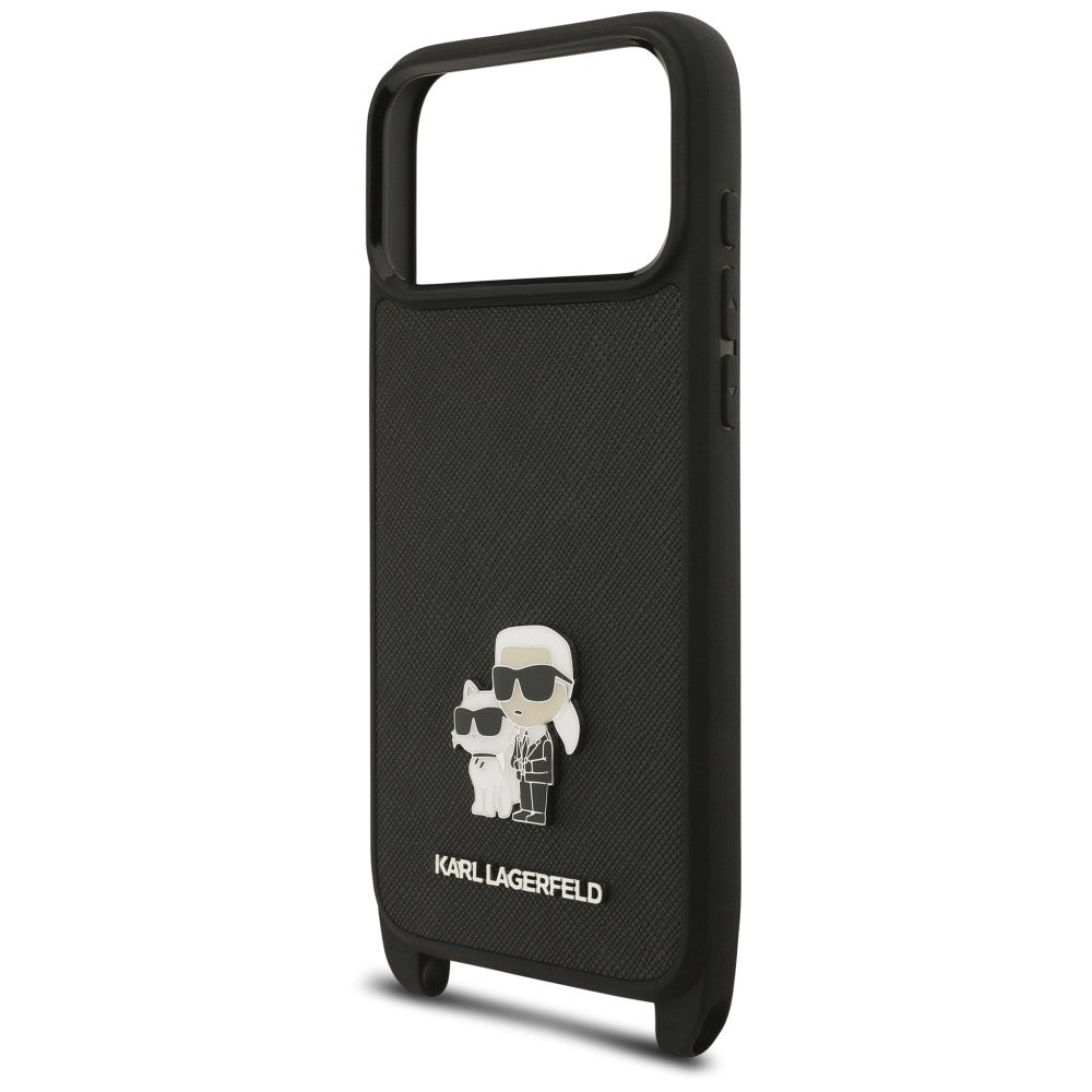 Θήκη για Apple iPhone 18 Pro / 17 Pro, Karl Lagerfeld, Saffiano Crossbody Metal Pin Karl & Choupette, Μαύρη
