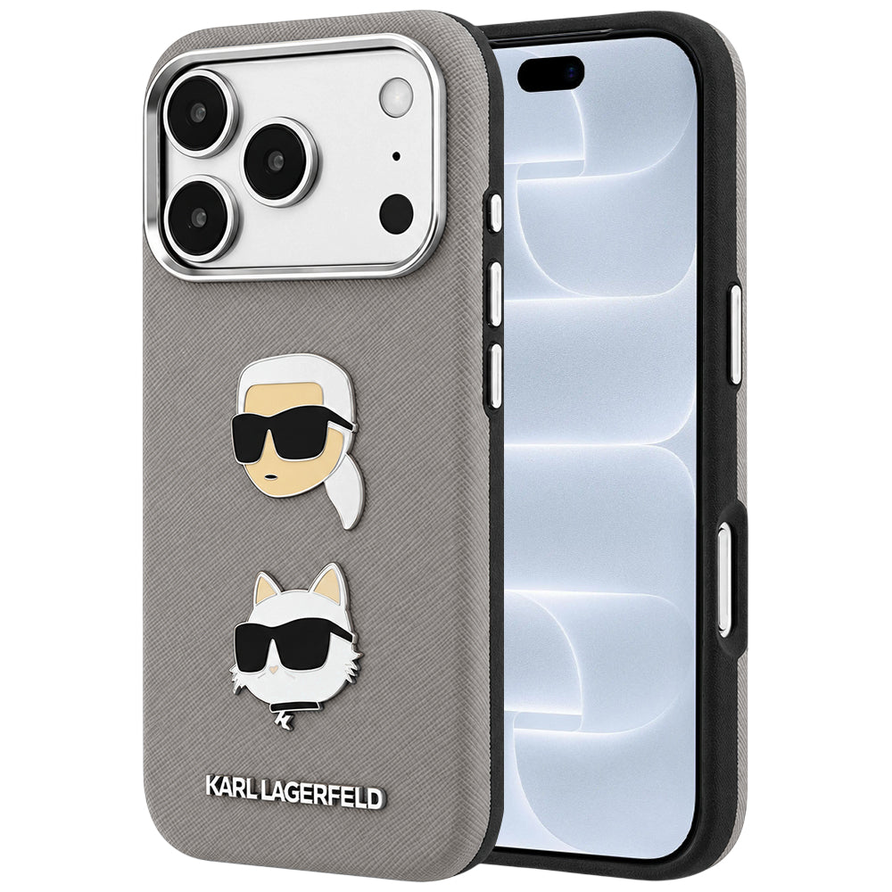Θήκη για Apple iPhone 18 Pro / 17 Pro, Karl Lagerfeld, Saffiano με καρφίτσα κεφαλής Karl & Choupette και λογότυπο, Γκρι