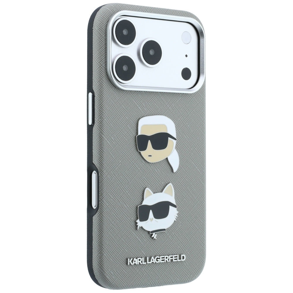 Θήκη για Apple iPhone 18 Pro / 17 Pro, Karl Lagerfeld, Saffiano με καρφίτσα κεφαλής Karl & Choupette και λογότυπο, Γκρι