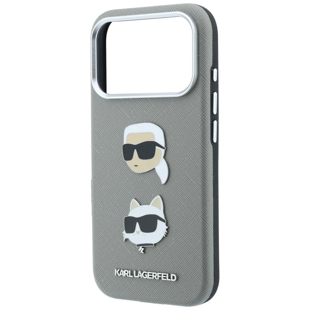 Θήκη για Apple iPhone 18 Pro / 17 Pro, Karl Lagerfeld, Saffiano με καρφίτσα κεφαλής Karl & Choupette και λογότυπο, Γκρι