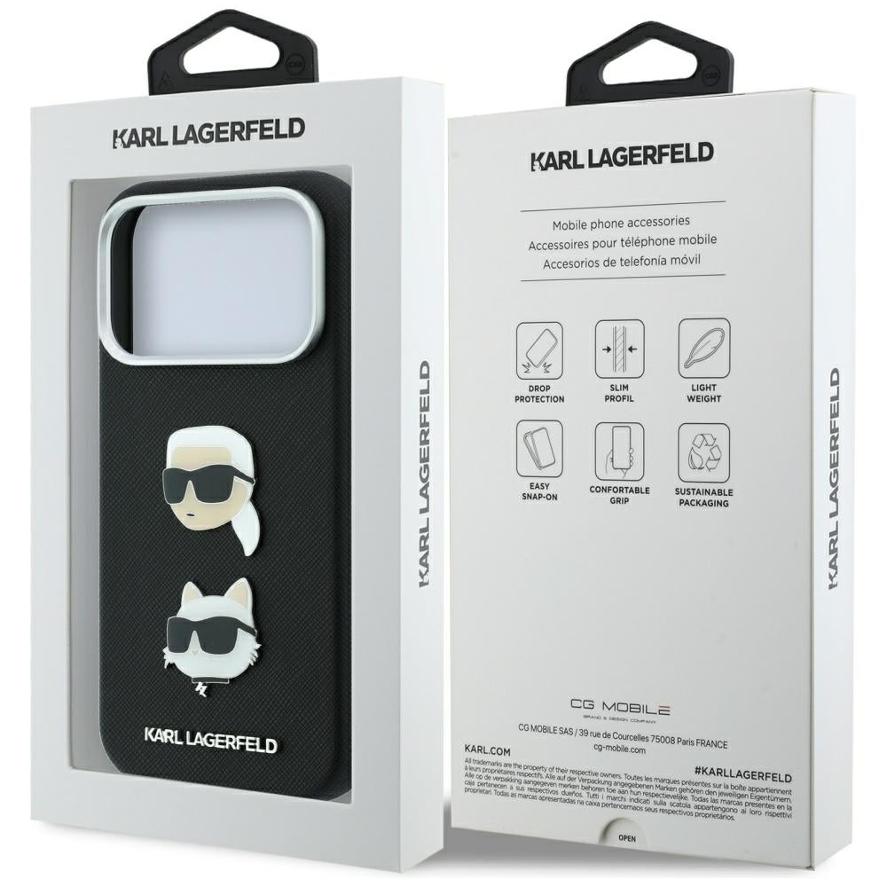 Θήκη για Apple iPhone 18 Pro / 17 Pro, Karl Lagerfeld, Saffiano με καρφίτσα κεφαλής Karl & Choupette και λογότυπο, Μαύρη