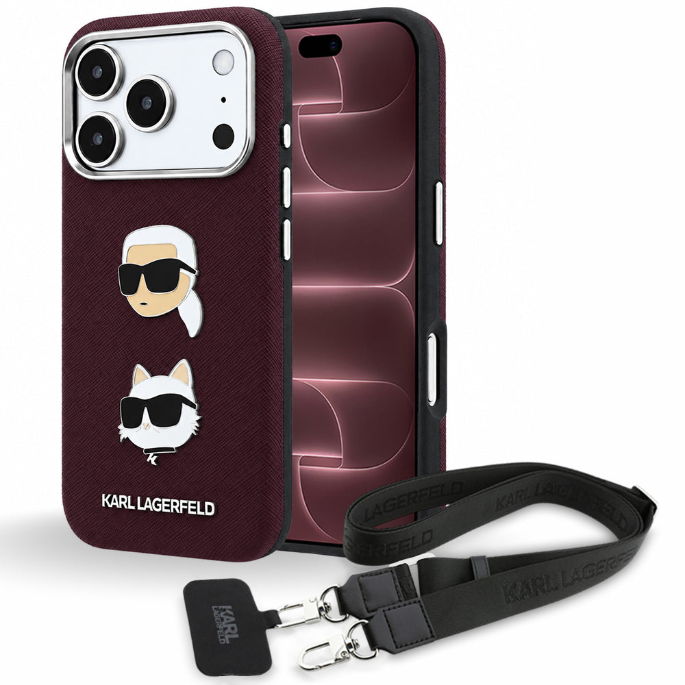 Θήκη για Apple iPhone 18 Pro Max / 17 Pro Max, Karl Lagerfeld, Saffiano Crossbody Karl & Choupette Head's Pins Logo, Μπορντό