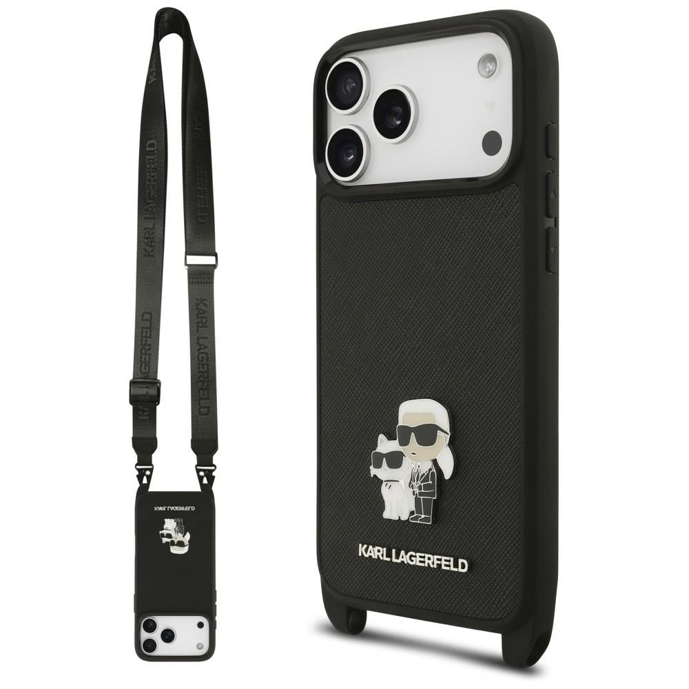 Θήκη για Apple iPhone 18 Pro Max / 17 Pro Max, Karl Lagerfeld, Saffiano Crossbody Metal Pin Karl & Choupette, Μαύρη