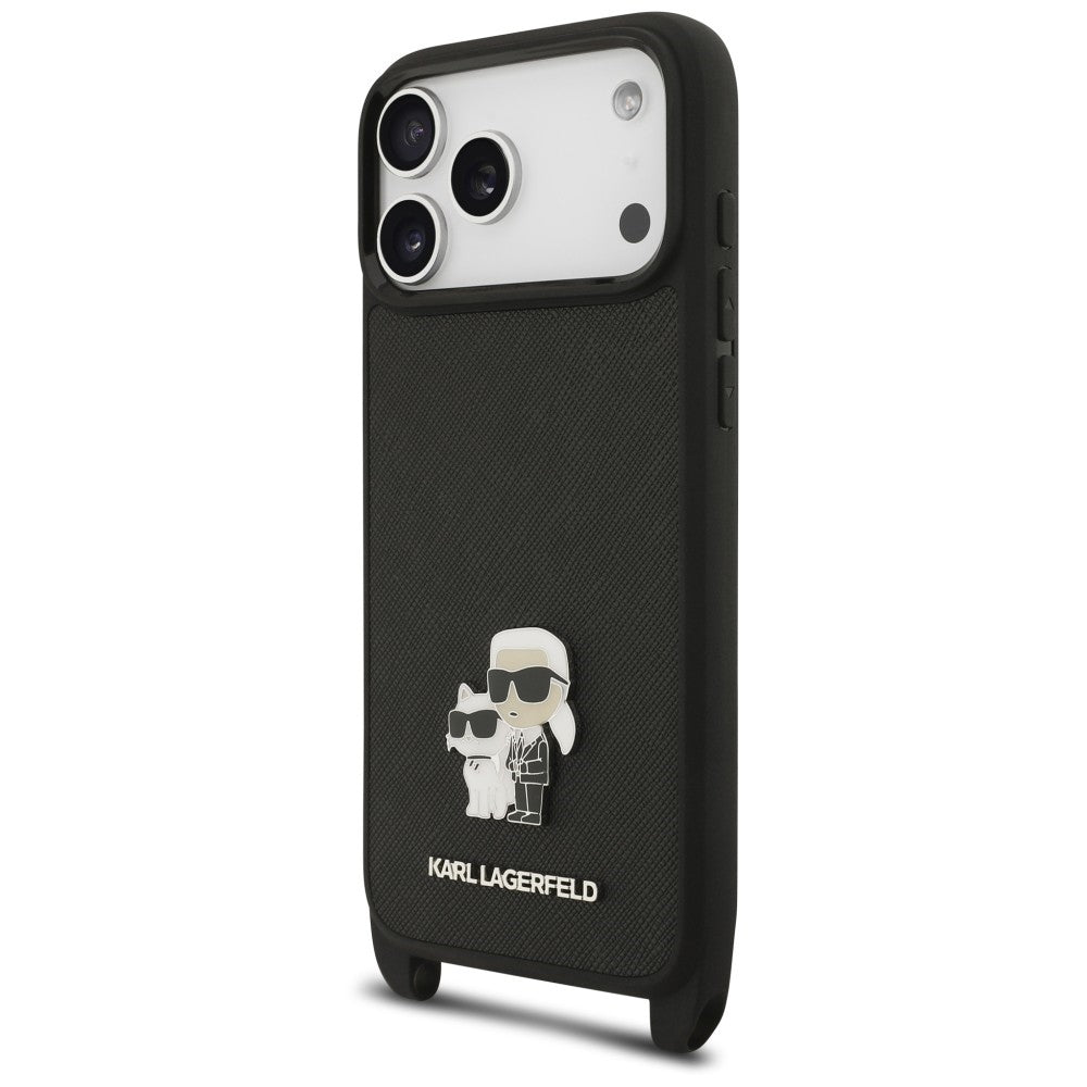 Θήκη για Apple iPhone 18 Pro Max / 17 Pro Max, Karl Lagerfeld, Saffiano Crossbody Metal Pin Karl & Choupette, Μαύρη