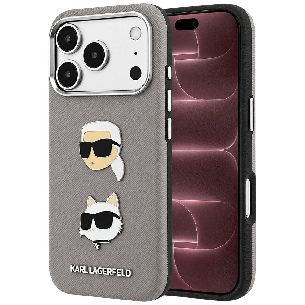 Θήκη για Apple iPhone 18 Pro Max / 17 Pro Max, Karl Lagerfeld, Saffiano με καρφίτσα κεφαλής Karl & Choupette και λογότυπο, Γκρι