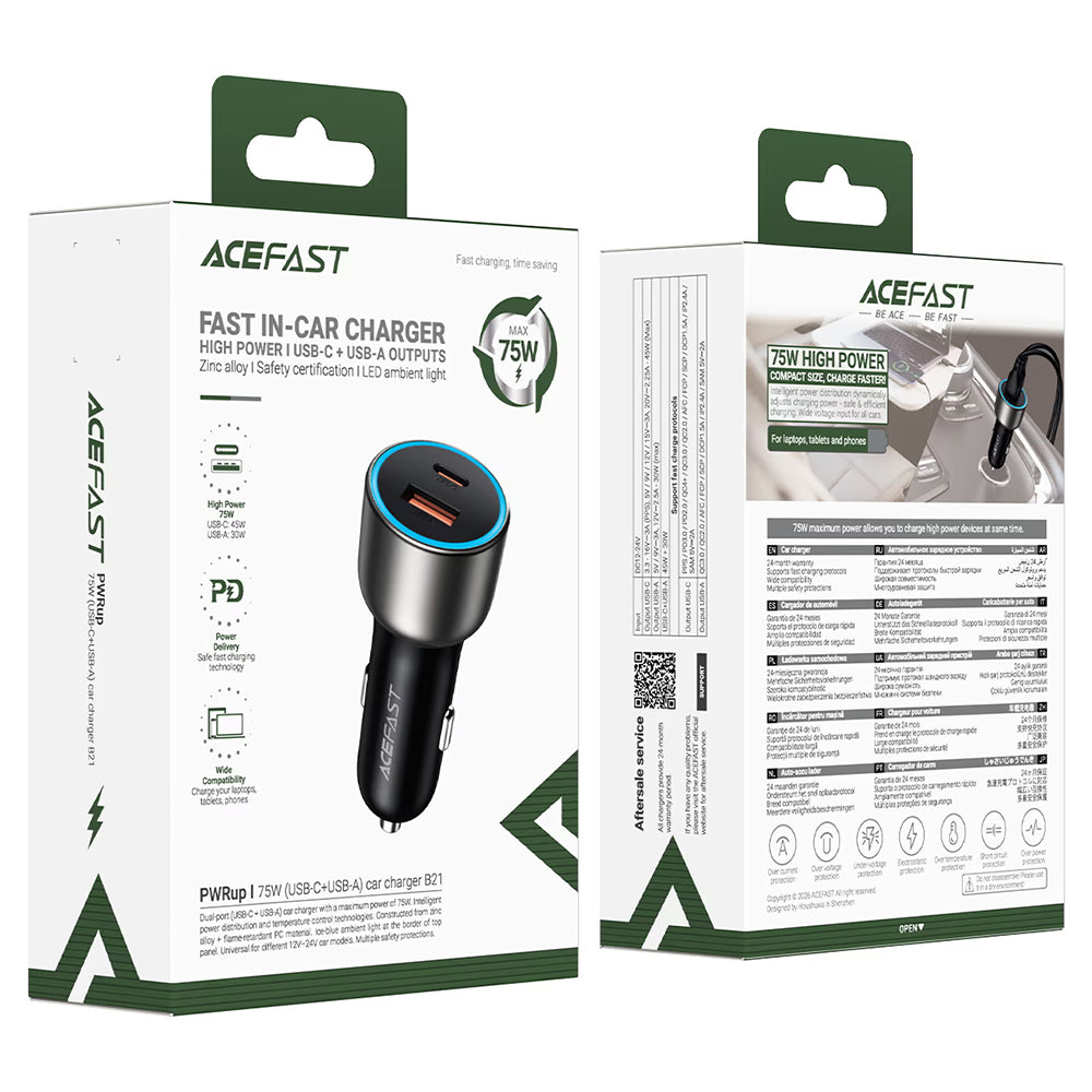 Φορτιστής Αυτοκινήτου Acefast B21, 75W, 3A, 1 x USB-A - 1 x USB-C, Γκρι