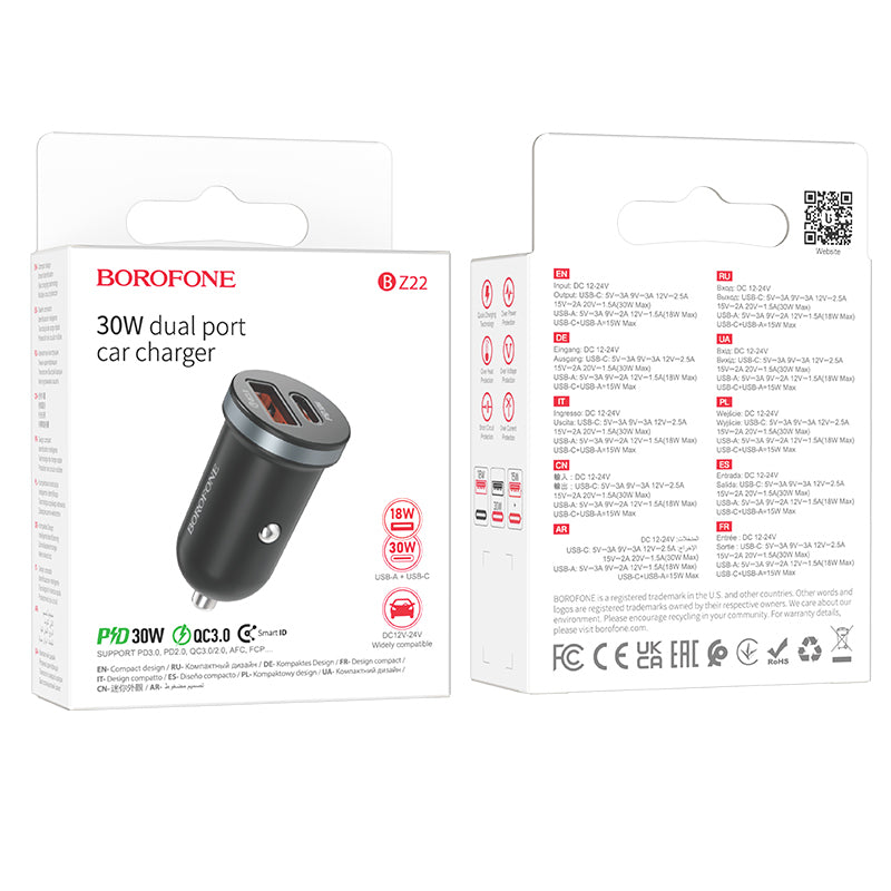 Φορτιστής αυτοκινήτου Borofone BZ22 Scenery, 30W, 3A, 1 x USB-A - 1 x USB-C, Μαύρο