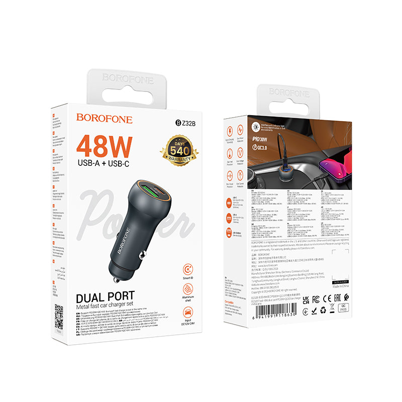 Φορτιστής Αυτοκινήτου Borofone BZ32B Fresh, 48W, 3A, 1 x USB-A - 1 x USB-C, Γκρι