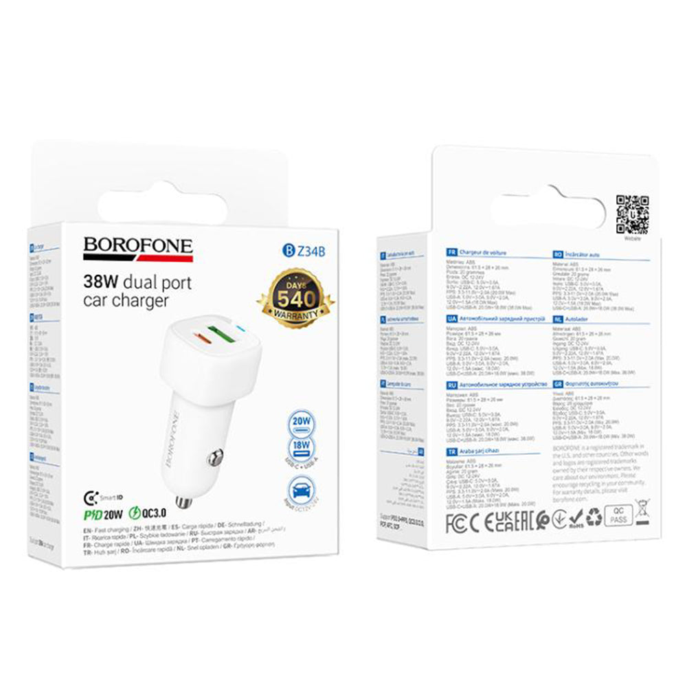 Φορτιστής Αυτοκινήτου Borofone BZ34B Cloud, 20W, 3A, 1 x USB-A - 1 x USB-C, Λευκό