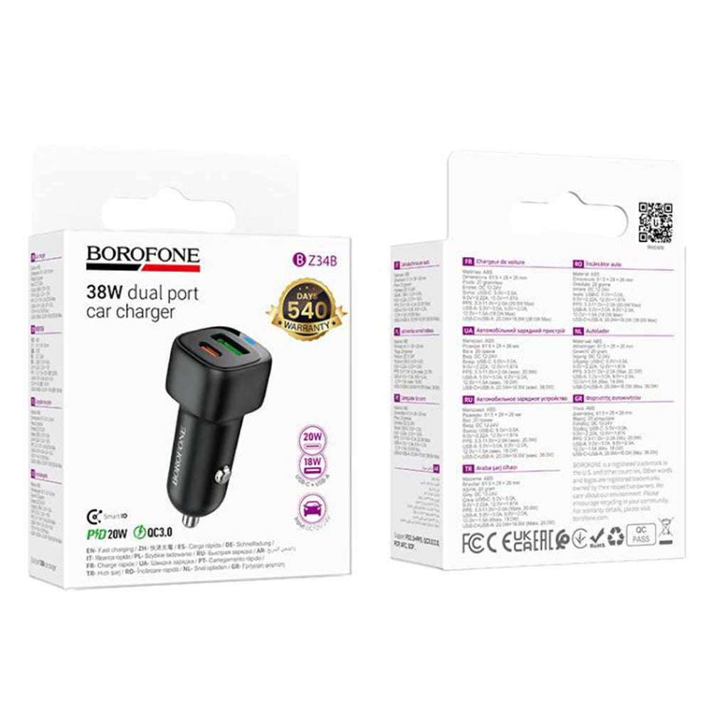 Borofone BZ34B Cloud Car Charger, 38W, 3A, 1 x USB-A - 1 x USB-C, Black