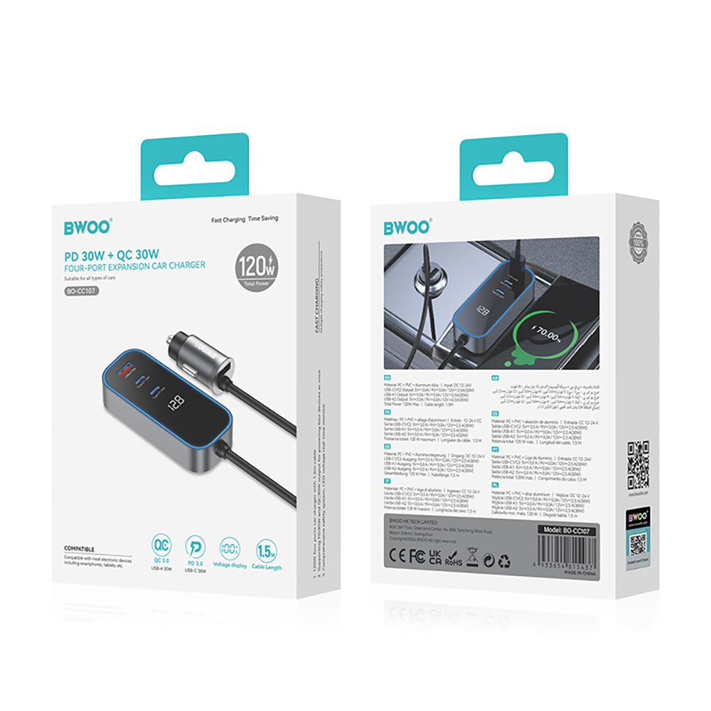 Φορτιστής Αυτοκινήτου BWOO CC107 Display, 120W, 3A, 2 x USB-A - 2 x USB-C, Μαύρο