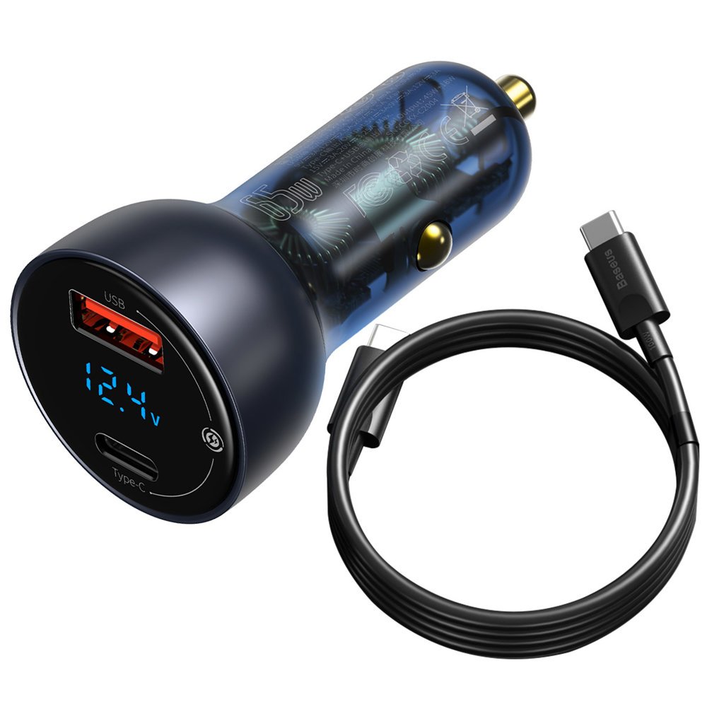 Φορτιστής Αυτοκινήτου με Καλώδιο USB-C Baseus Digital Display, 65W, 5A, 1 x USB-A - 1 x USB-C, Μαύρο TZCCKX-0G