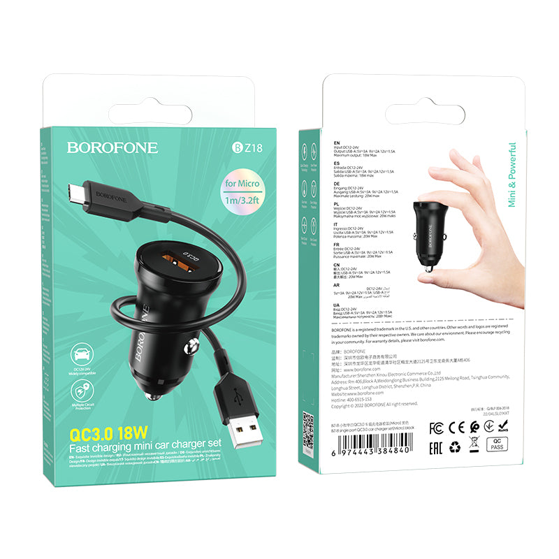 Φορτιστής Αυτοκινήτου με Καλώδιο microUSB Borofone BZ18, 18W, 3A, 1 x USB-A, Μαύρο
